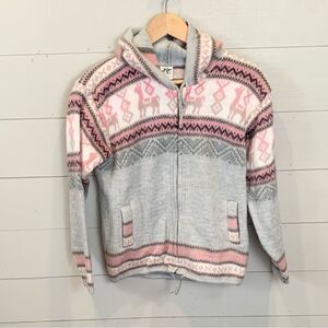 Cozy Womans ' Hooded Sweater 100% wool zip up- Pink & Gray size small